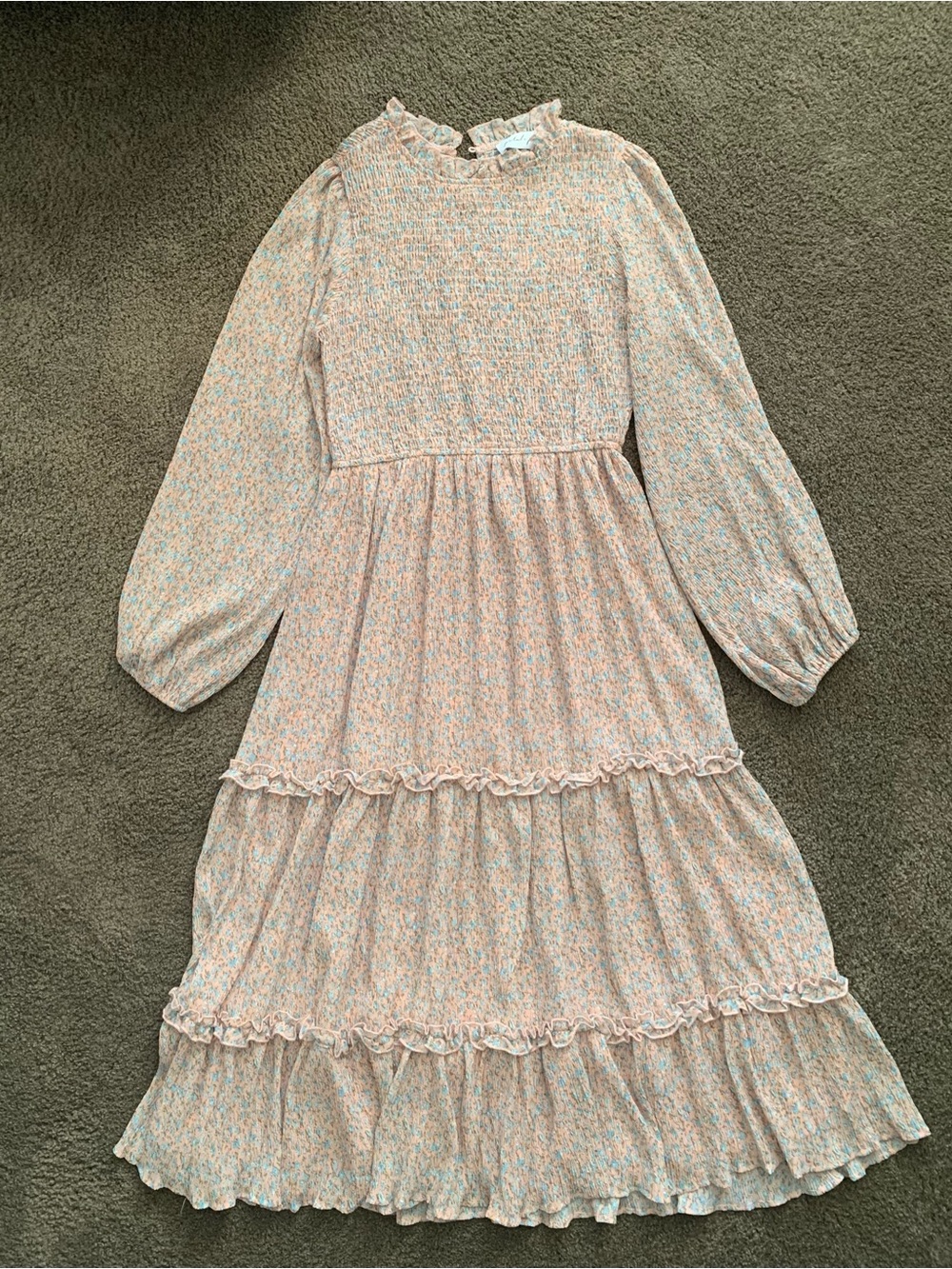 Petal & Pup Pastel Floral Ruffle Long-Sleeve Dress - Peach & Blue size S small